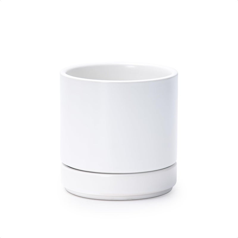 D'vine Dev 4.7 Inch Ceramic Planter Pot with Drainage Hole and Saucer, Indoor Cylinder Round Planter Pot, White, 94-O-B-1 - Image 1
